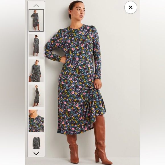 Boden Dresses & Skirts - Boden Green Floral-Print Midi Dress with Pink, Teal, Yellow and Brown Accents